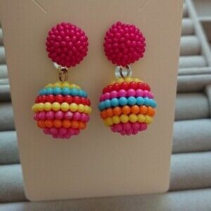 Seed Beaded Ball Drop Earrings - pink/yellow/light pink color combo